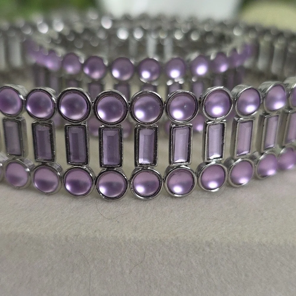 Silver and Purple Flexible Choker Necklace with Matching Open Cuff Bracelet